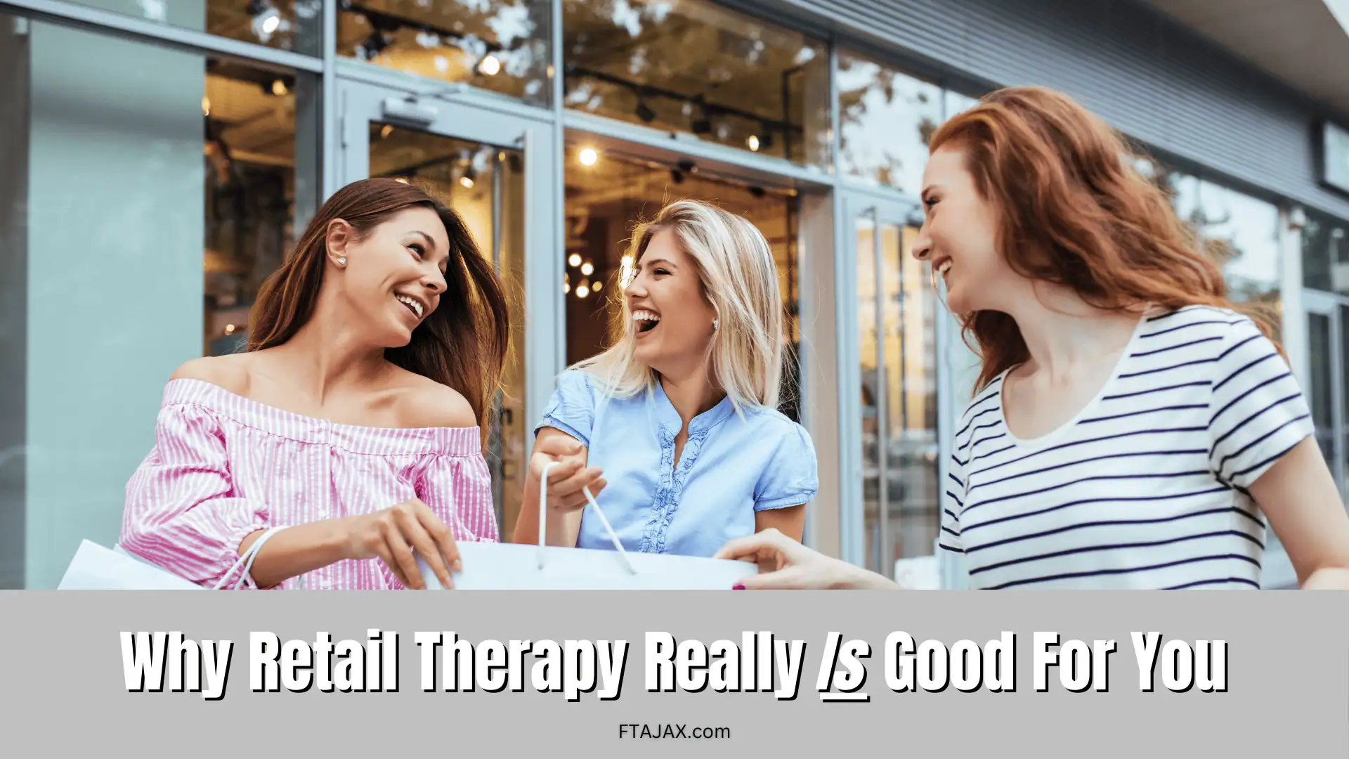 Three women are engaged in conversation outside a store, holding shopping bags, promoting the concept of retail therapy