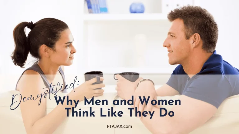 A man and woman sit on a couch, each holding a coffee cup, engaged in a deep conversation about gender perspectives