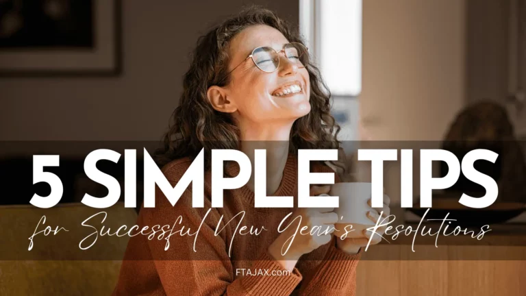 A woman in a cozy sweater holds a cup, surrounded by a warm, inviting interior, with text overlay about New Year's resolutions tips