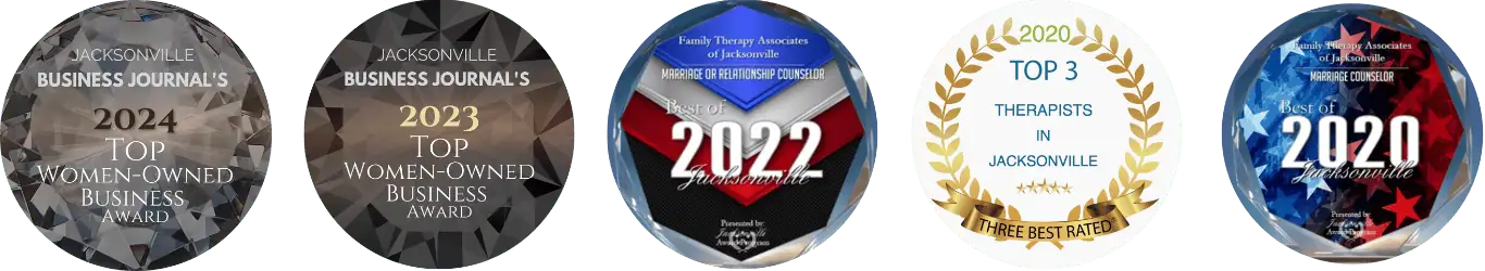 Five award badges recognizing Family Therapy Associates of Jacksonville for excellence, including Jacksonville Business Journal’s Top Women-Owned Business Awards (2023 & 2024), Best of Jacksonville Marriage Counselor (2020 & 2022), and Top 3 Therapists in Jacksonville (2020).
