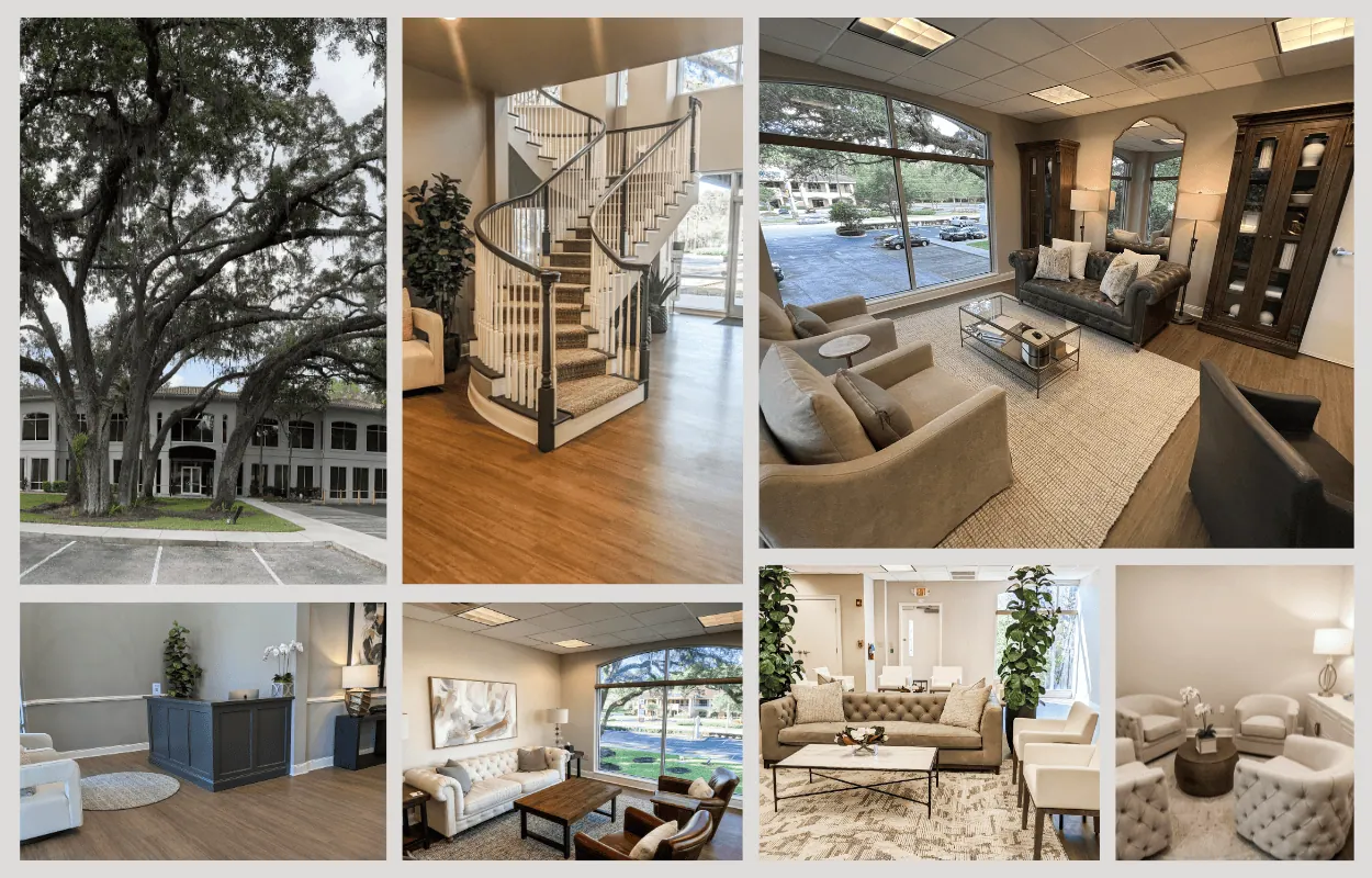 Collage of a luxurious building exterior, stylish interiors with seating areas, a staircase, and decorative plants
